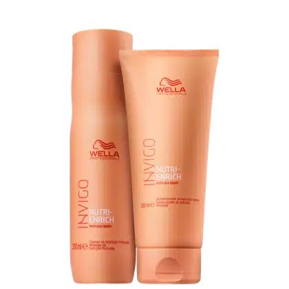 Dois produtos da linha Wella Professionals Invigo Nutri-Enrich, com embalagens em tons de laranja, contendo shampoo e condicionador de nutrição profunda com extrato de goji berry.