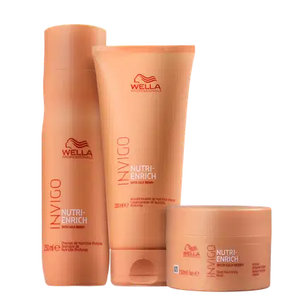 Produtos da linha Nutri-Enrich da Wella Professionals, incluindo shampoo, condicionador e máscara capilar, em embalagens de plástico com cores predominantes de laranja.