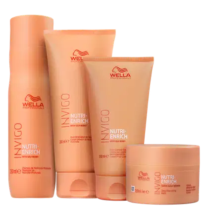 Quatro produtos da linha Invigo Nutri-Enrich de Wella Professionals. Um shampoo de 250ml, um condicionador de 200ml, um leave-in e uma máscara de 150ml cada. Todos em embalagens na cor laranja.