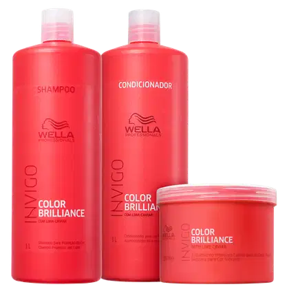 Produtos de cuidados capilares da linha Color Brilliance da Wella Professionals.Um shampoo e um condicionador de 1 litro cada, ambos com a inscrição "Color Brilliance com Lima-Caviar". Ao lado uma máscara capilar 500ml.