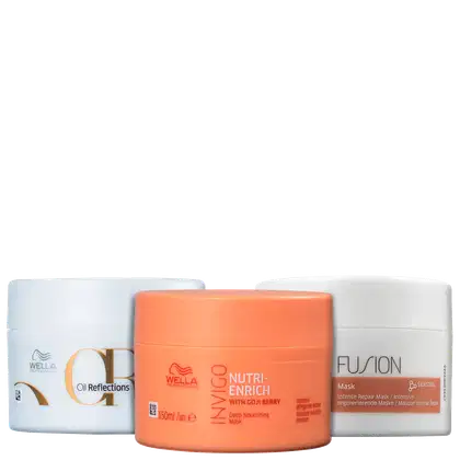 Três máscaras da marca Wella Professionals: Oil Reflections,  Nutri-Enrich e Fusion Mask, todos com embalagens e rótulos característicos da marca.