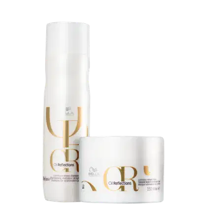 Dois produtos da linha Wella Professionals Oil Reflections: um frasco de shampoo luminoso e uma embalagem de máscara sublimadora, ambos com design minimalista em branco e dourado.
