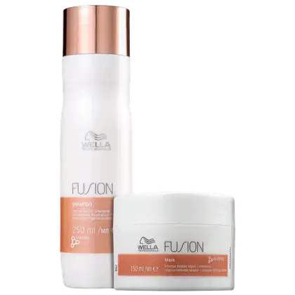 Dois produtos da linha Fusion da Wella Professionals: um frasco de shampoo branco e laranja com 250 ml e um pote de máscara branco e laranja com 150 ml, ambos com design moderno e minimalista.