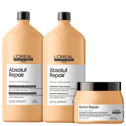 Dois frascos de shampoo e condicionador da linha Absolut Repair da L'Oréal Professionnel, com embalagens de 1,5L e 500g, respectivamente, em cores predominantes de bege e preto, com rótulos indicando os ingredientes e benefícios do produto.