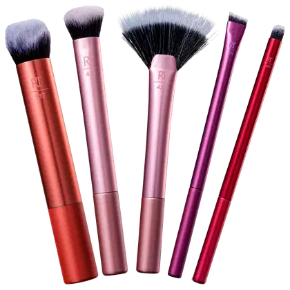 Conjunto de pincéis de maquiagem da marca Real Techniques, com cabos em tons de rosa e vermelho, com rótulos indicando os diferentes tipos de pincéis.
