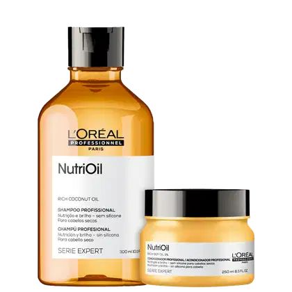 Dois produtos da linha L'Oréal Professionnel Serie Expert NutriOil: um frasco de shampoo e um pote de condicionador, ambos com embalagem de vidro âmbar e detalhes em preto e branco, destacando os ingredientes de óleo de coco.