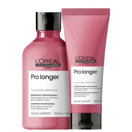 Dois produtos da linha L'Oréal Professionnel Paris: um frasco de shampoo Pro Longer de 300ml e um tubo de condicionador Pro Longer de 200ml, ambos em embalagens rosa com detalhes pretos e textos em inglês e português.