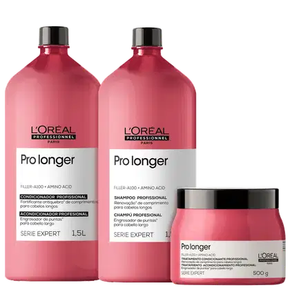 Dois frascos de shampoo e condicionador da linha Pro Longer da L'Oréal Professionnel, com embalagens em tom de rosa, e um pote de tratamento condicionante da mesma linha, com textos e rótulos em português.