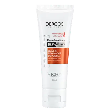 Tubo branco da linha Dercos Technique da Vichy, com rótulo laranja destacando o "Kera-Solutions" e "10.7% Pro Keratin Complex". Produto de proteção térmica até 230°C, indicado como leave-in renovador de pontas.