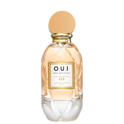 Frasco de perfume O.U.I. La Villette 470, com design elegante em vidro e detalhes dourados, contendo líquido âmbar. O rótulo apresenta o nome da marca e a descrição "Eau de Parfum Paris".