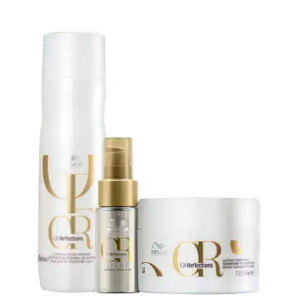 Produtos da linha Wella Professionals Oil Reflections, incluindo um frasco de shampoo, um frasco de óleo e um pote de máscara, com embalagens brancas e detalhes dourados.