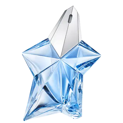 Frasco de perfume em formato de estrela de cristal azul brilhante com tampa prateada, da marca Mugler. Embalagem elegante e sofisticada, com design geométrico e anguloso.