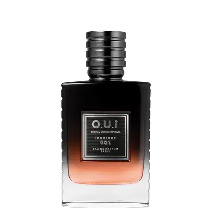 Frasco de perfume O.U.I. Iconique 001 em embalagem preta e laranja, com rótulo destacando o nome da marca e a descrição "Eau de Parfum Paris".