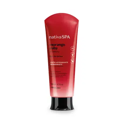 Loção antioxidante desodorante da linha Nativa SPA, fragrância Morango Ruby com extrato de morango e quinoa. Embalagem plástica vermelha em formato cilíndrico. Rótulo frontal com o nome do produto, fragrância e descrição em português.