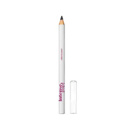 Lápis para olhos na cor preta com corpo branco, letras marrons e tampa transparente da marca Intense Pop! 