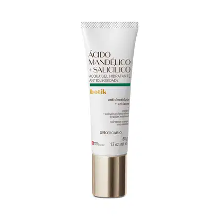 Tubo de gel hidratante antioleoside da marca Botik, com ácido mandélico e salicílico. Embalagem branca com detalhes em verde e dourado, contendo 50g do produto.