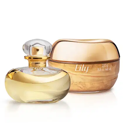 Dois itens da marca Lily em tons de bege, dourado e cristal, sendo um vidro elegante de Eau de Parfum e um pote de geleia iluminadora corporal da linha Glow.