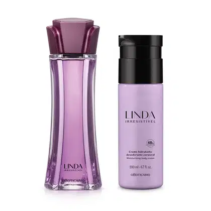Dois itens da marca Linda Irresistível, sendo um vidro longo com liquido lilás e tampa roxa em formato de flor contendo 100ml de desodorante colônia e um frasco lilás com tampa preta e letras roxas contendo 200ml de loção hidratante corporal.