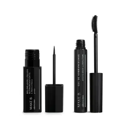 Dois itens de maquiagem da marca Make B., sendo um frasco preto de delineador líquido com tampa, haste e aplicador fino e um tubo preto de máscara de sobrancelhas para Brow Lamination com tampa, haste e escova aplicadora