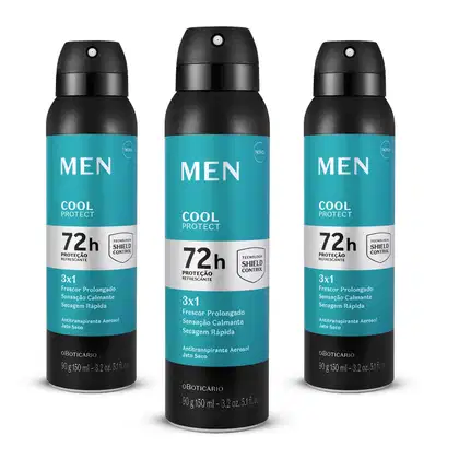 Três frascos pretos com rótulo azul, prata e preto, contendo, em cada um, 90g/150ml de desodorante aerossol da marca Men Cool Protect.