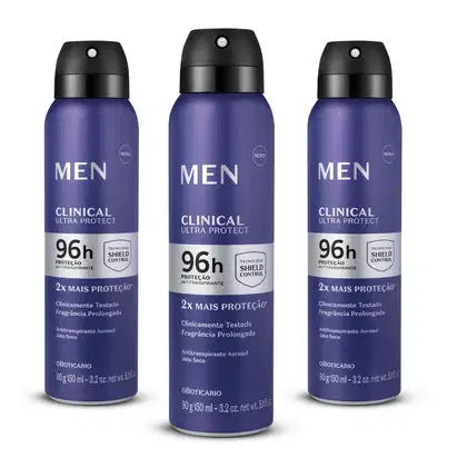 Três frascos azul marinho com tampas spray pretas, detalhes prateados e letras pratas e pretas de desodorante aerossol Men Clinical Ultra Protect.