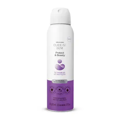 Frasco branco com detalhe roxo e letras pretas contendo 90g/150ml
de desodorante antitranspirante aerossol da marca Cuide-se Bem Protect and Care.