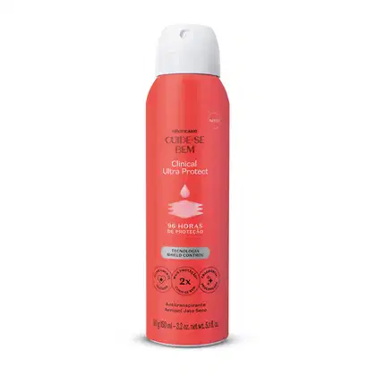 Frasco laranja com tampa spray branca, detalhe azul e letras pretas e brancas contendo 90g/150ml de desodorante antitranspirante aerossol da marca Cuide-se Bem Clinical Protect.