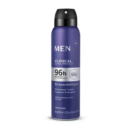 Tubo preto com rótulo azul marinho, prata e branco contendo 90g/150ml de desodorante antitranspirante aerossol da marca Men  Clinical Ultra Protect.