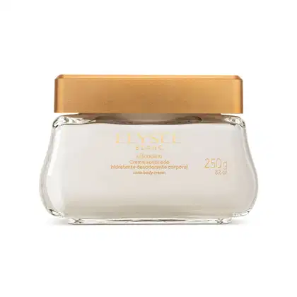 Pote de vidro transparente com creme branco, tampa e letras douradas, contendo 250g de creme acetinado hidratante da marca Elysée Blanc.