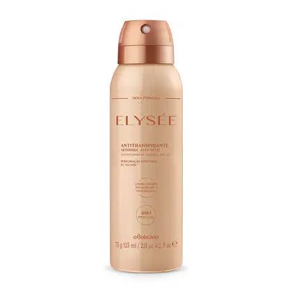 Frasco rosa com tampa e letras douradas contendo 75g/125ml de desodorante antitranspirante aerossol da marca Elysée.
