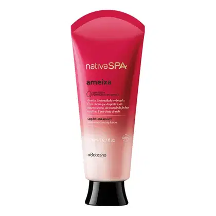 Bisnaga com degradê de rosa vibrante e branco, tampa preta e letras douradas, brancas e pretas, contendo 200ml de loção hidratante corporal Nativa SPA Ameixa.