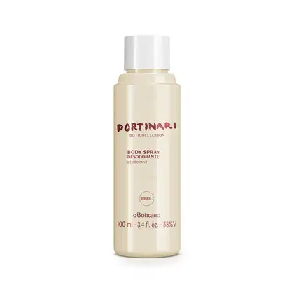 Refil de body spray Boticollection Portinari em frasco de 100ml na cor branca com letras marrons e tampa branca.