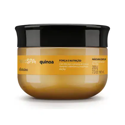 Pote amarelo com tampa preta e letras brancas e pretas contendo 200g de máscara capilar da marca Nativa SPA Quinoa.