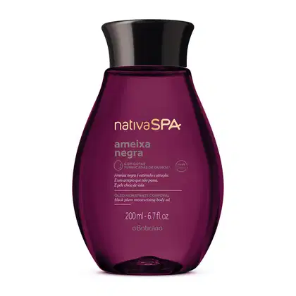 Frasco roxo com tampa preta e letras douradas, lilás e brancas, contendo 200ml de óleo hidratante corporal da marca Nativa SPA Ameixa Negra.