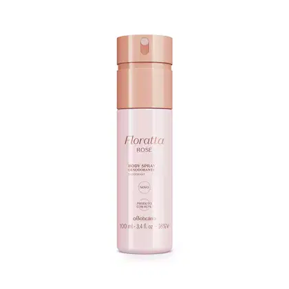 Frasco branco com tampa e letras douradas contendo 100ml de body spray Floratta Rose.