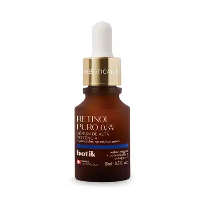 Frasco de vidro marrom contendo sérum de retinol puro a 0,3% da marca Obóticario. O rótulo apresenta o nome do produto, informações sobre sua composição e benefícios, além da indicação de que utiliza tecnologia suíça.