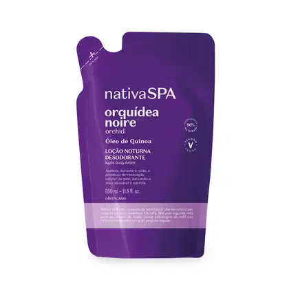 Refil de loção noturna corporal Nativa SPA Orquídea Noire em sachê de 350ml na cor roxa com detalhe lilás e letras douradas e brancas.