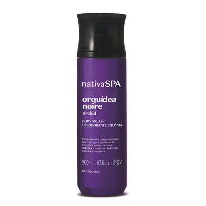Frasco roxo escuro com tampa preta e letras brancas contendo 200ml de body splash da marca Nativa SPA Orquídea Noire.