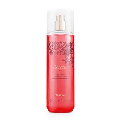 Frasco rosa com detalhes em vinho e letras douradas, pulverizador prateado e tampa cristal contendo 200ml de body splash Floratta Red.