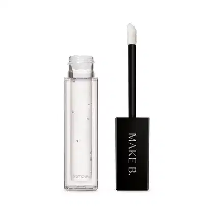Gloss labial Incolor Crystal Icon da marca Make B. em frasco retangular transparente com líquido brilhante e sem cor, aplicador com ponta arredondada e tampa preta com logo da marca.