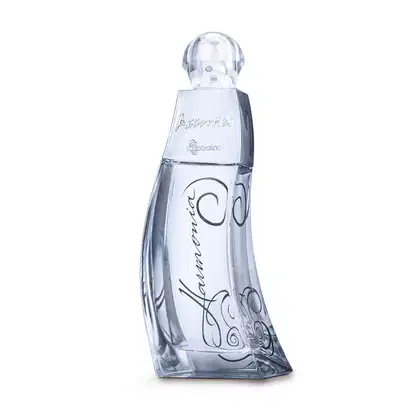 Frasco transparente azulado em formato ondulado com líquido claro, detalhe prateado, tampa cristal e rótulo com letras e espirais azul escuros, contendo 80ml de desodorante colônia Accordes Harmonia.