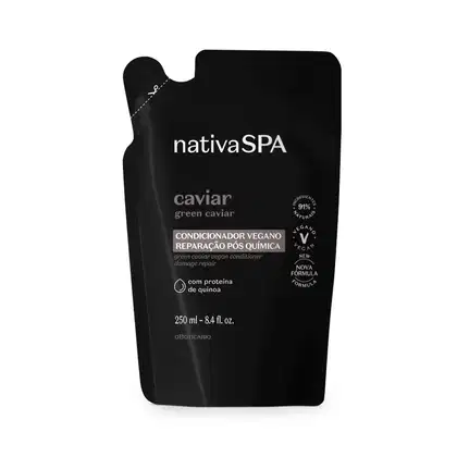 Refil de condicionador da marca Nativa SPA Caviar Reparação Pós Química em sachê de 250ml nas cores preta, branca e cinza.