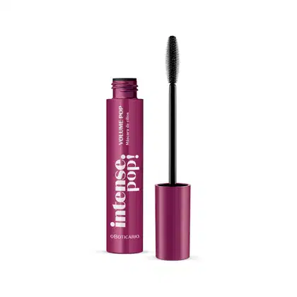 Frasco roxo com tampa na mesma cor, letras brancas, haste e escova aplicadora preta contendo 10g de máscara para cílios na cor preta, da marca Intense Pop!