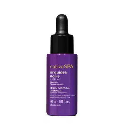 Frasco roxo com conta-gotas preto e letras douradas e brancas contendo 30ml de sérum corporal overnight da marca Nativa SPA Orquídea Noire.