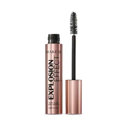 Tubo rosa furta-cor com tampa na mesma tonalidade, letras, haste e escova aplicadora pretas, contendo 10g de máscara de cílios Make B. Explosion Effect.