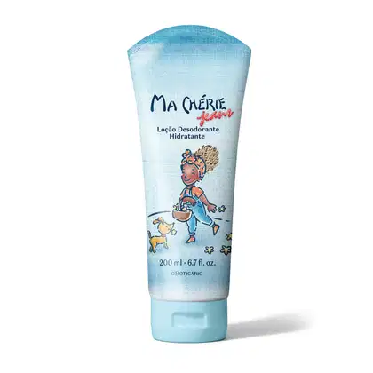 Bisnaga em tons de branco e azul com ilustração de uma menina sorridente espalhando estrelas no chão e seu cachorrinho contendo 200ml de loção desodorante hidratante corporal Ma Chérie Jeans.