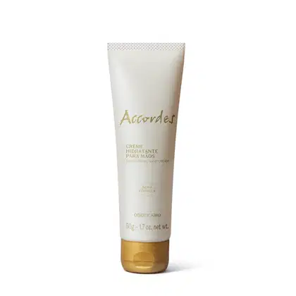 Frasco branco com tampa e letras douradas contendo 50g de creme hidratante para as mãos da marca Accordes.