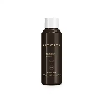 Refil de body spray Uomini em frasco preto com tampa branca e letras amarelas escuras.