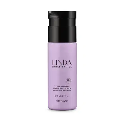 Frasco lilás com tampa e letras pretas contendo 200ml de loção hidratante corporal da marca Linda Irresistível.