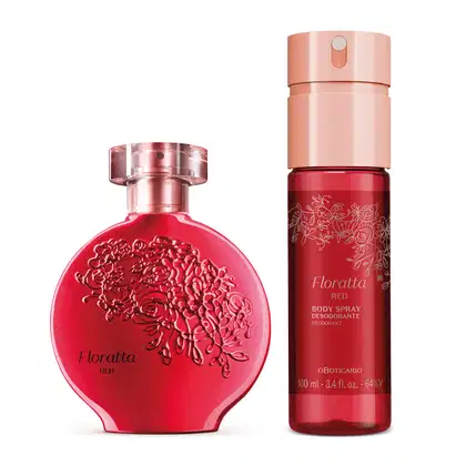 Perfume Floratta Red em frasco de vidro vermelho arredondado com detalhes florais em alto relevo. Desodorante corporal Floratta Red em frasco plástico cilíndrico rosa com detalhes vermelhos. Ambos os produtos apresentam o nome "Floratta Red".